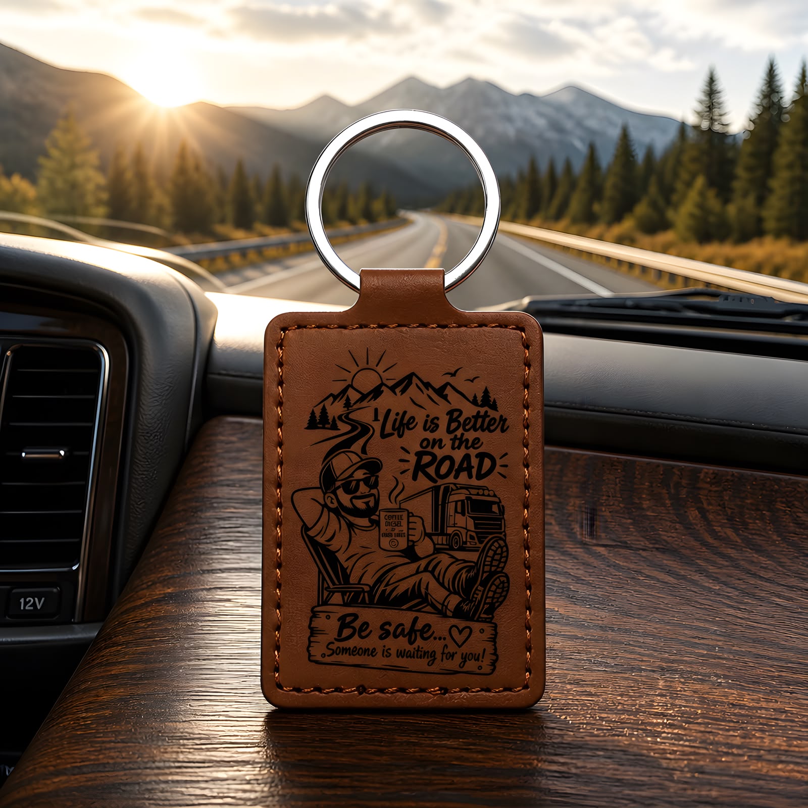 Personalised truck driver leather keyring